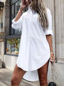 Solid Button Front High Low Hem Dress