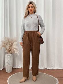 SHEIN LUNE Kích thước lớn Vải to sợi Quần Với Túi - Cà phê nâu - Xem 3