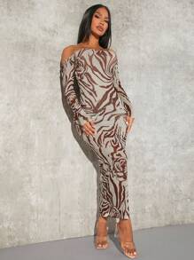 SHEIN SXY Summer;Zebra Striped Tie Backless Off Shoulder Bodycon Dress - Brown - View 3