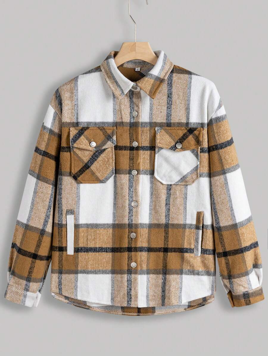 Aveloria 格紋印花翻蓋口袋花呢外套 - 卡其色 - 查看 1