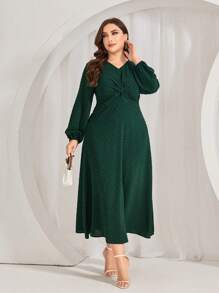 Mulvari Kích thước lớn Tay áo lồng đèn Xoắn Nút Đầm - xanh quân đội - Xem 1