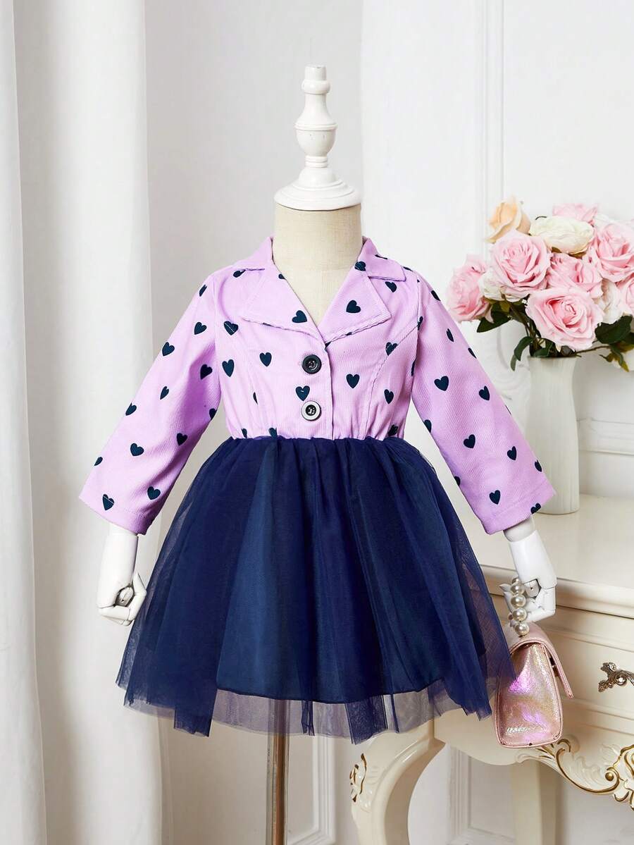 Đứa bé gái In Trái tim Lưới Hem Đầm - màu đen - Xem 1