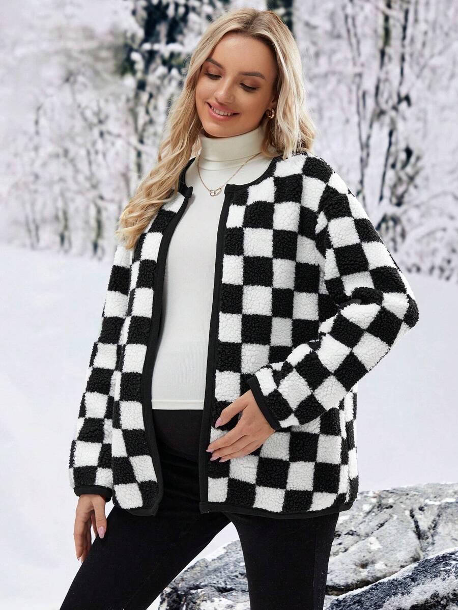 SHEIN Pregnant Women'S Checkerboard Fleece Jacket For Maternity, For Winter - Black and White - View 1