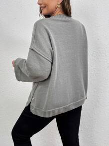 SHEIN LUNE Kích thước lớn Áo len Với Mở Bên Và Cổ chữ V Thiết kế - Xám - Xem 2