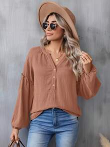 SHEIN LUNE Đường viền cổ có rãnh Tay áo lồng đèn Lá sen tỉa Áo sơ mi - Bụi hồng - Xem 6