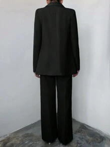 EURMUSE Solid Color Double-breasted Suit Set With Notched Lapel - Black - View 2