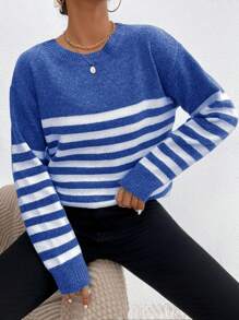 EURMUSE Ladies' Striped Drop Shoulder Sweater - Royal Blue - View 3