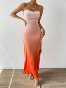 Allurite 漸層垂領露背繫帶吊帶連衣裙 - 橘色 - 查看 6