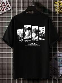 Manfinity VCAY Men Plus Size Funny Wave & Slogan Graphic Short Sleeve Tee, For Going Out - Black - View 3