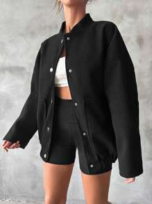 EURMUSE Drop Shoulder Button Front Overcoat,Ladies Spring/Fall Casual Button,Pocket Drop Shoulder Baseball Collar Regular Fit Black Plain Women Overcoats,Casual Daily Wear - Black - View 3