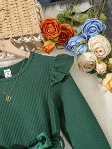 SHEIN Cô gái Tween Viền Ruffle Váy có thắt lưng - màu xanh lá - Xem 3