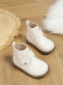 女孩時尚白色英倫風情復古靴子帶可愛花朵裝飾適用於秋天和冬天 - 白色 - 查看 1
