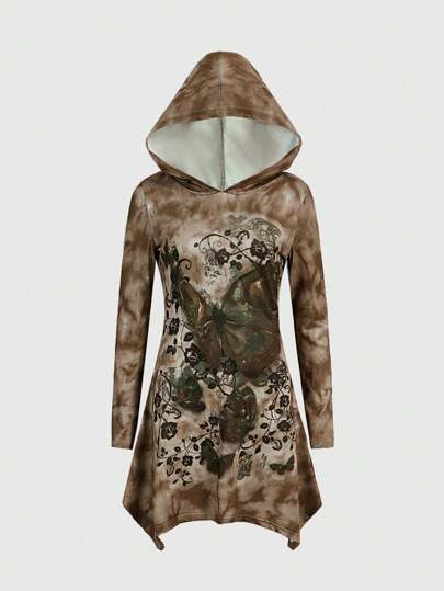 Fairycore فستان نسائي بطبعة أزهار وفراشات مع قلنسوة وذيل غير متماثل