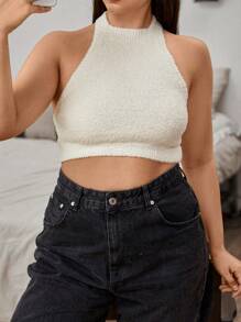 Flirla 大尺碼女用短版針織上衣 - 米色 - 查看 4