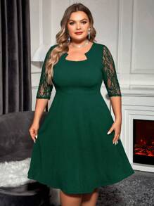 SHEIN Clasi Plus Contrast Lace Notched Neckline Dress - Dark Green - View 5
