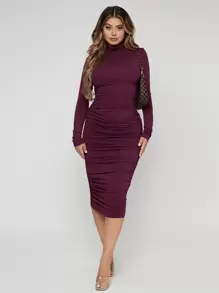 SHEIN SXY 立领褶裥针织连衣裙 - 紫色 - 查看 1