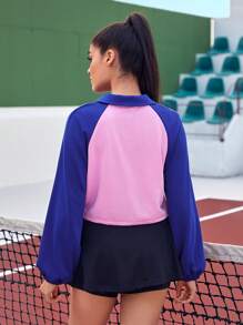 VARSITIE Đồ họa Chữ cái Tay Raglan Áo len crop - Màu Hồng baby - Xem 5