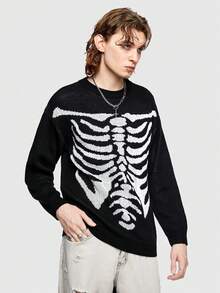 ROMWE MEN ROMWE Avant Guys Skeleton Pattern Sweater - Black - View 4