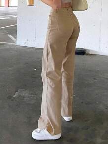 男士/女士美式休闲高腰卡其街头潮流裤，女士自然直筒长卡其宽松女式牛仔裤，春/秋，休闲日常穿着 - 卡其色 - 查看 2