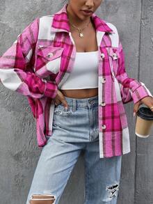 SHEIN Unity 格紋印花垂墜肩襯衫 - 玫紅色 - 查看 3