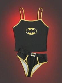 Batman X ROMWE Cartoon Graphic Contrast Binding PJ Set, School - Black - View 1