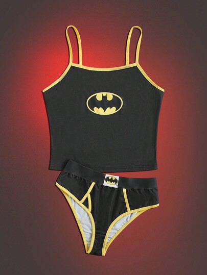 Batman X ROMWE Cartoon Graphic Contrast Binding PJ Set, School