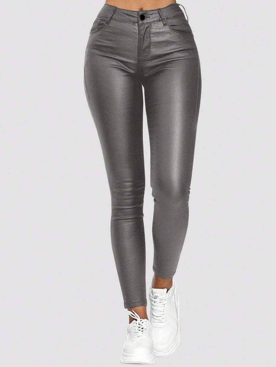 Apperloth A High Waist Slant Pocket PU Leather Skinny Pants - Dark Grey - View 1