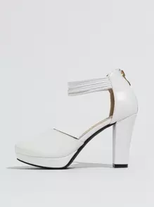 女士高跟鞋，纯色舒适闭趾设计，多层编织鞋带，圆头踝带，前厚底，后拉链，粗跟，优雅正式礼服鞋，适合婚礼、派对、假日等场合。 - 白色 - 查看 6