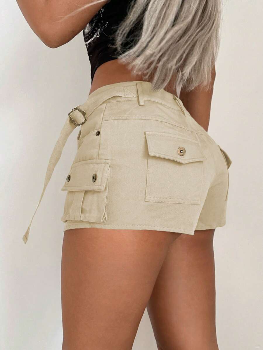 SHEIN ICON 低腰綁帶短褲 - 杏色 - 查看 1