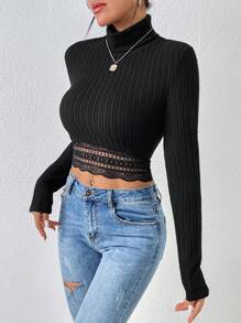SHEIN Frenchy 女士簡約高領蕾絲邊t恤 - 黑色 - 查看 4