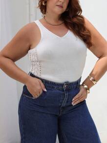 SHEIN Curves Regata Trico Lateral Rendada - White - View 3