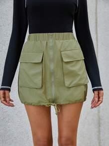 SHEIN Essnce Flap Pocket Drawstring Hem Cargo Skirt - Army Green - View 1