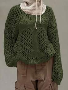 Chất rắn Thả vai Đan Mở Áo len Không có Cổ cao - xanh quân đội - Xem 1