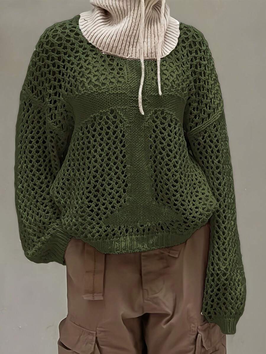 Chất rắn Thả vai Đan Mở Áo len Không có Cổ cao - xanh quân đội - Xem 1