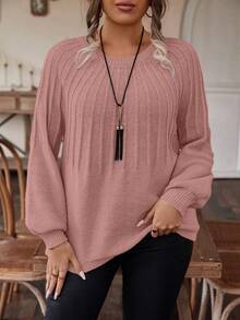 SHEIN LUNE Áo len tay Raglan trơn cỡ lớn - Bụi hồng - Xem 7