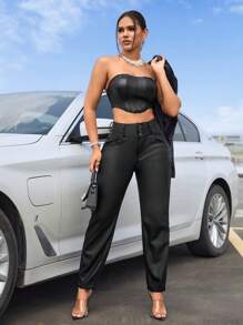 SHEIN SXY 女士休閒簡約純色高腰鈕扣長褲 - 黑色 - 查看 5