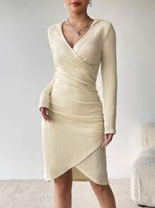 SHEIN Privé Solid Wrap Ruched Side Tulip Hem Bodycon Dress - Apricot - View 2