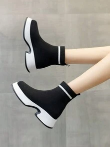 Giày bốt tất co giãn thời trang dành cho nữ 2023 Giày bốt cổ cao đế cao mới - màu đen - Xem 4