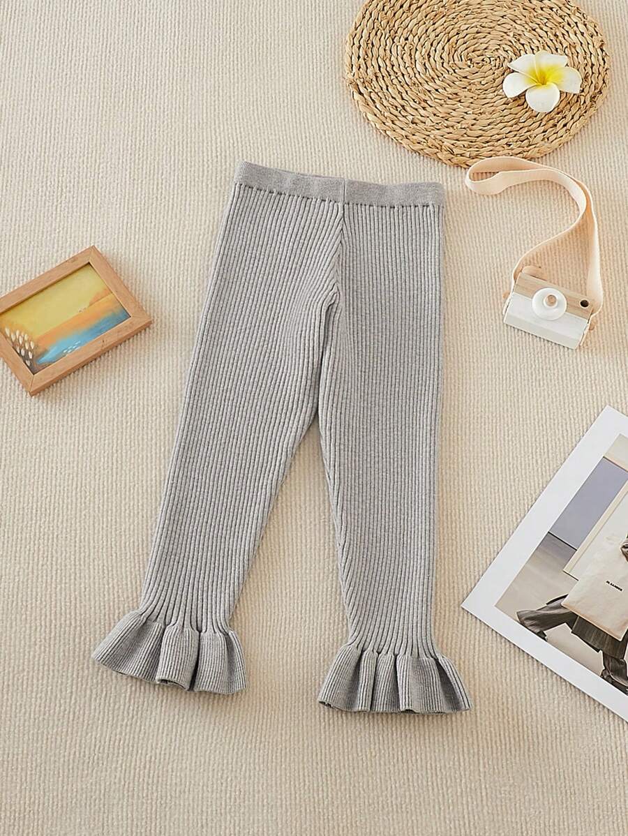 SHEIN Ribbed Pleated Hem Pants - Grey - View 1