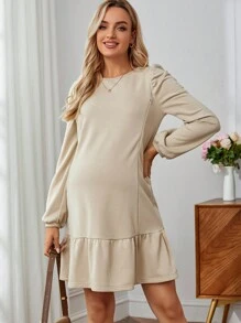 SHEIN 孕婦哺乳裙子,帶褶邊 - 杏色 - 查看 5