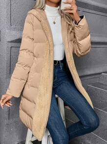 SHEIN Clasi 毛绒装饰连帽系带加厚棉服外套冬季 - 卡其色 - 查看 4