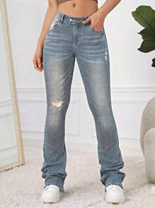 SHEIN EZwear Y2k Cat Whisker Ripped Flare Leg Blue Jeans - Dark Wash - View 4