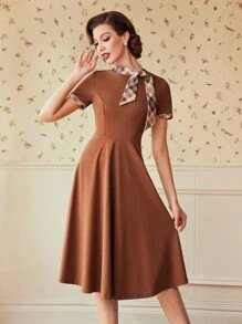 Vintamour 格纹领带细节连衣裙音乐会夏季女士长裙夏季连衣裙带袖连衣裙复古服装卡其色复古连衣裙旧钱美学栗色棕色 - 咖啡棕 - 查看 8