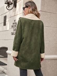 SHEIN Essnce Christmas Red Plaid Velvet Long-Sleeved Autumn And Winter Casual Mid-Length Coat - Olive Green - View 2
