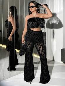 SHEIN ICON Hơn In Đá cẩm thạch Quần ống loe - màu đen - Xem 2