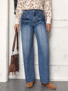 SHEIN LUNE High Waist Straight Leg Jeans - Blue - View 4