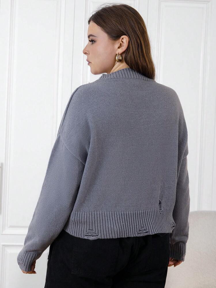 Plus Drop Shoulder Ripped Sweater