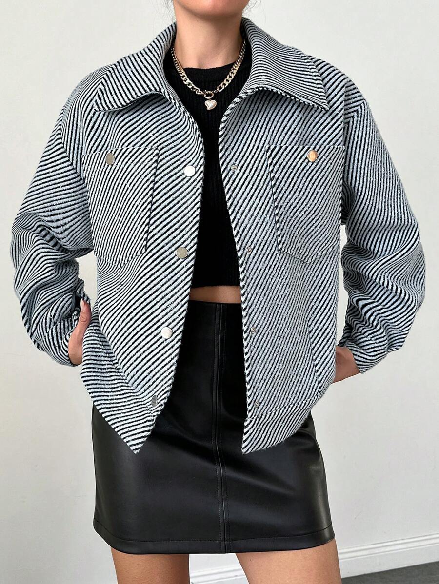 RueChic Women's Diagonal Stripe Collared Jacket - Black and White - View 1