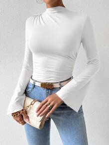 EMERY ROSE Solid Bell Sleeve Ruched Bodysuit Fall Cloth For Women - White - View 7