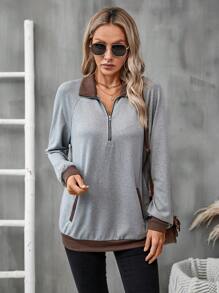 SHEIN LUNE Contrast Trim Raglan Sleeve Zipper Front Sweatshirt - Multicolor - View 6